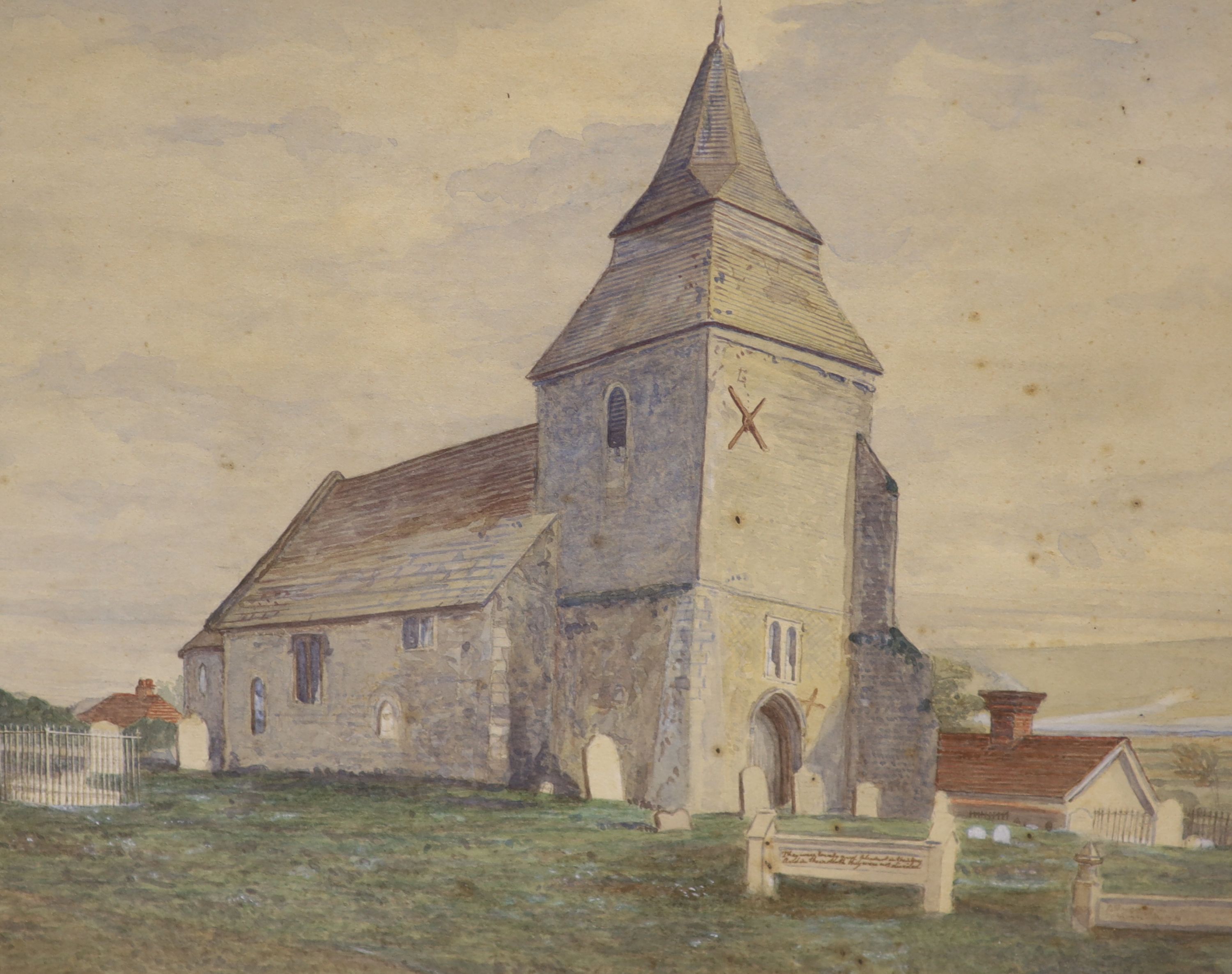 Three assorted watercolours: River landscape by Sydney Yates Johnson, 26 x 36cm, a study of a garden gateway at Marshalls Wick by E.N. Barclay 1905, 37 x 24cm and a View of Keymer Church by S.E. Field in 1864, 32 x 40cm